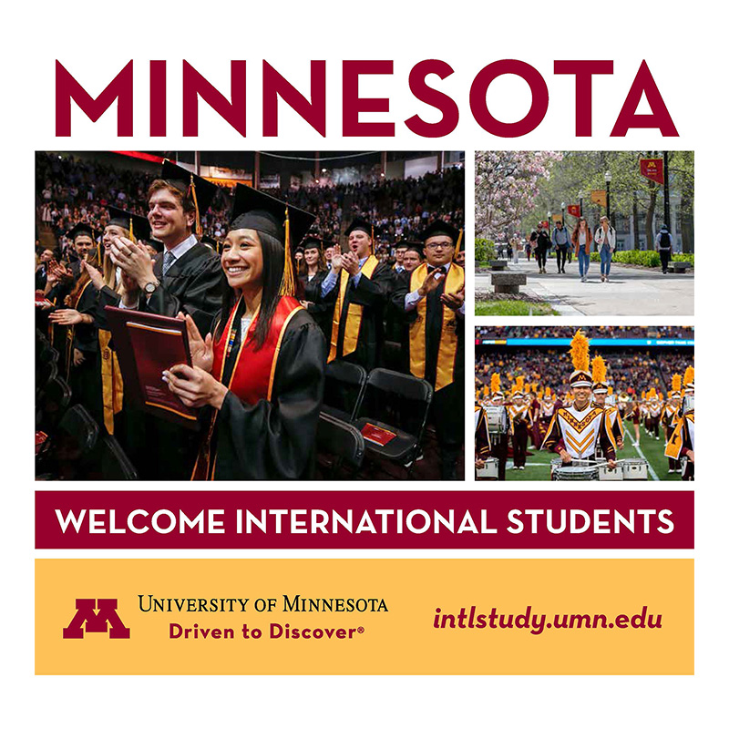Brochure cover with photos of graduation, Northrop Mall in spring, and the marching band